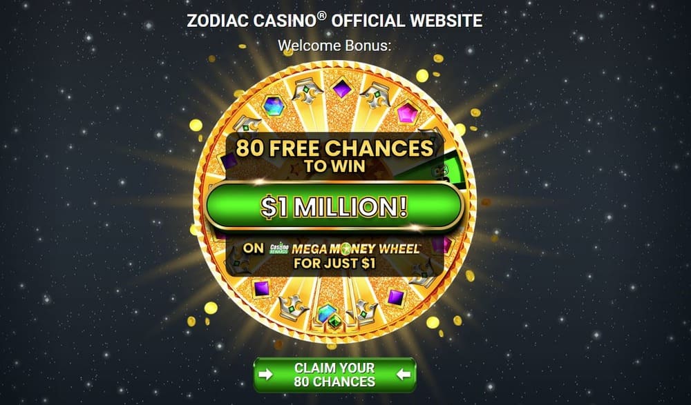 Banner con información sobre el bono de bienvenida de Zodiac Casino 