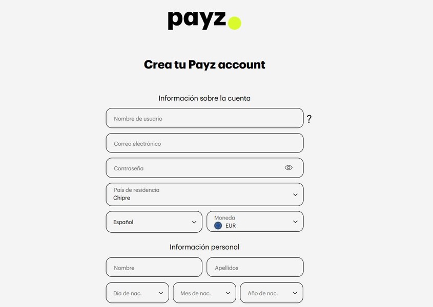 Crear una cuenta en Payz