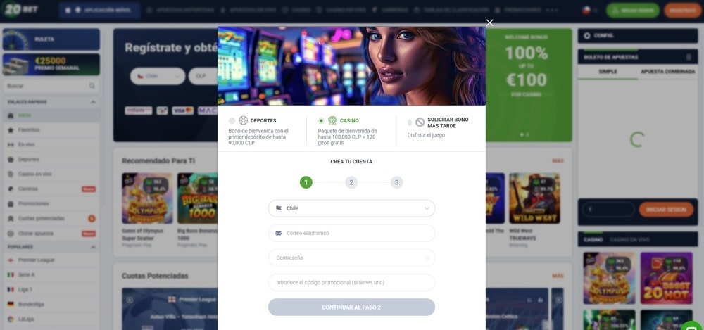 Formulario de inscripción en el sitio web de 20bet