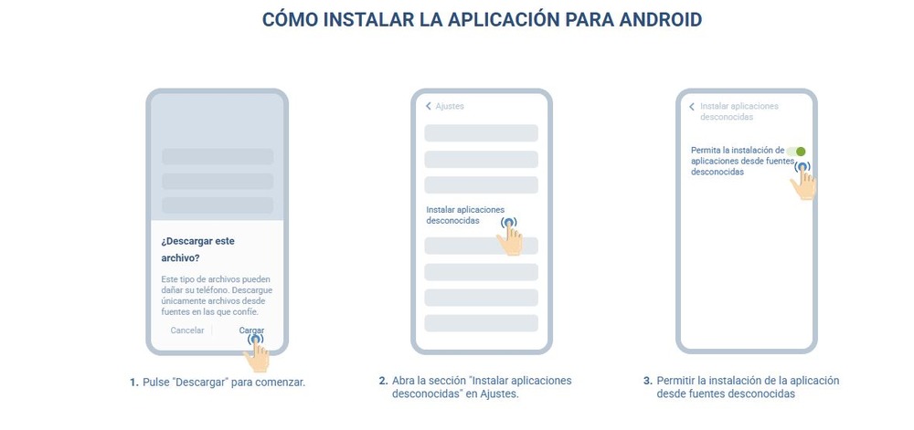 Cómo instalar la aplicación para Android Paso 1 ¿Descargar este archivo? Este tipo de archivos pueden dañar su teléfono. Descargue únicamente archivos desde fuentes en las que confíe. Cancelar Cargar 1. Pulse "Descargar" para comenzar. Paso 2 Ajustes Instalar aplicaciones desconocidas 2. Abra la sección "Instalar aplicaciones desconocidas" en Ajustes. Paso 3 Instalar aplicaciones desconocidas Permita la instalación de aplicaciones desde fuentes desconocidas 3. Permitir la instalación de la aplicación desde fuentes desconocidas Paso 4 1xBet.apk Descarga completada 4. Seleccione el archivo de la aplicación descargado Paso 5 Cancelar Instalar 5. Pulse "Instalar" Paso 6 Hecho Abrir 6. Aplicación instalada 